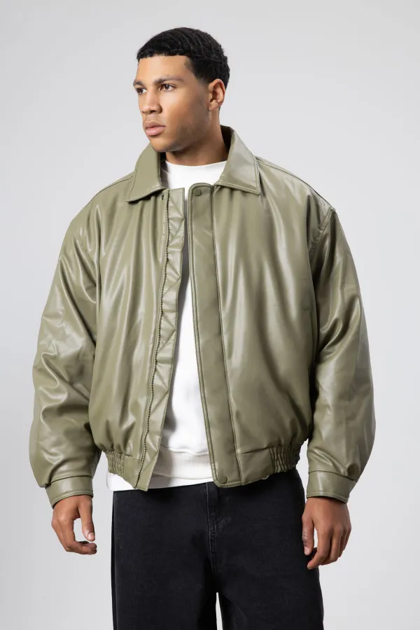 Veste oversize basique en similicuir kaki