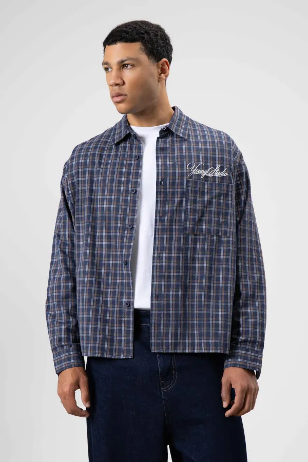 Oversize Kareli Arka Baskılı Uzun Kol Gömlek Lacivert-Kahve