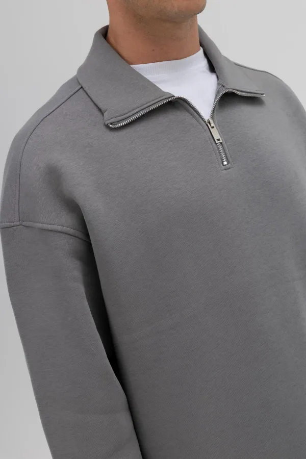 Oversize Fermuarlı Dik Yaka Sweatshirt Füme