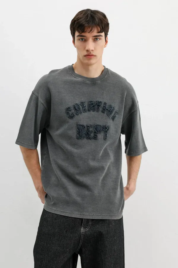 Yıkamalı Yazı Baskılı Oversize Tişört Siyah