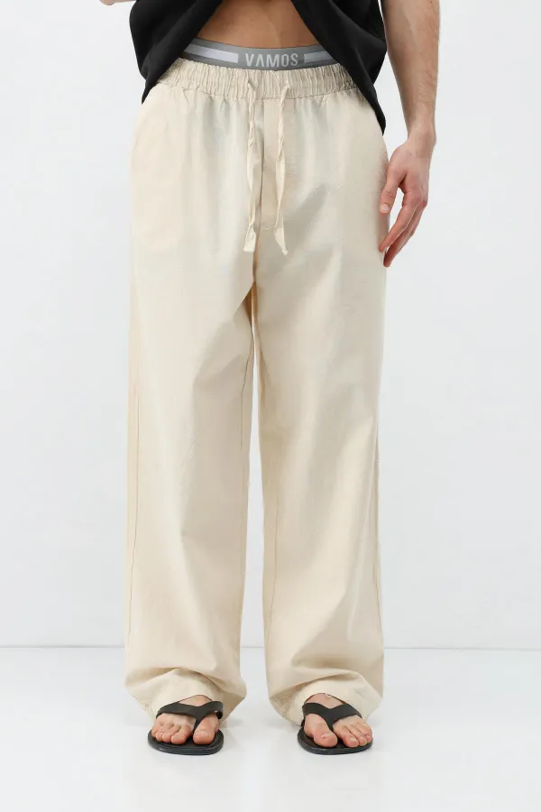 Bel Lastikli Baggy Fit Keten Pantolon Naturel