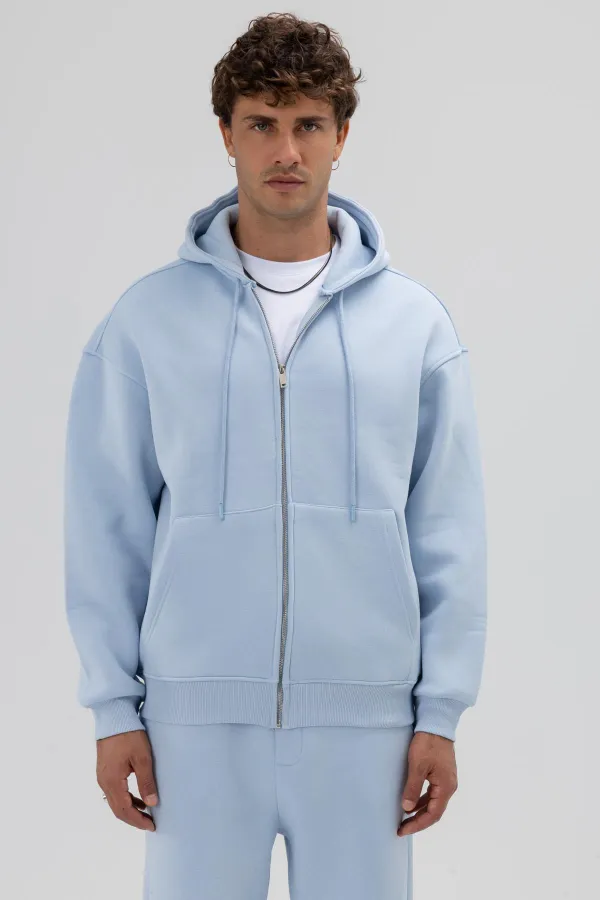Basic Zip-Up Oversize Hooded Sweatshirt Baby Blue