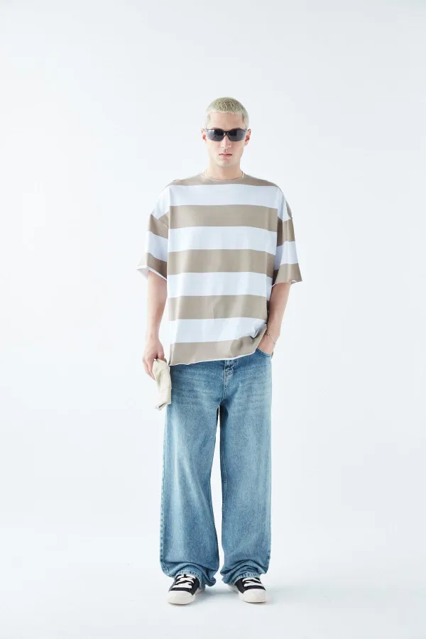 Dijital Baskılı Şeritli %100 Pamuk Oversize Tişört Vizon