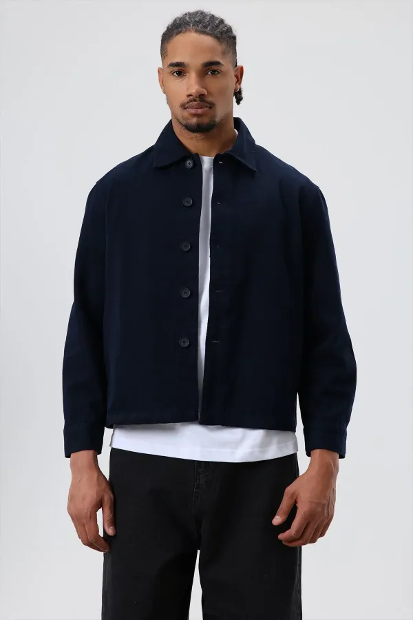 Veste en gabardine coupe carrée, bleu marine