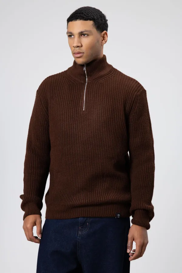 Fermuarlı Örme Triko Kazak Kahve