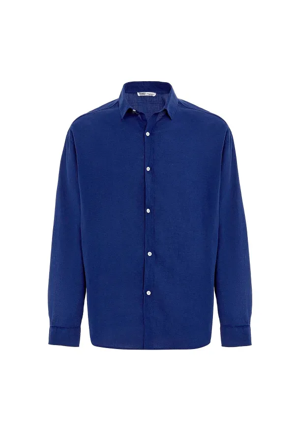 Basic Oversize Pamuk Keten Gömlek Saks Basic Oversize Pamuk Keten Gömlek Saks