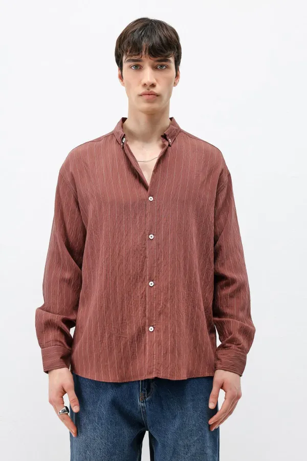 Çizgili Oversize Gömlek Bordo