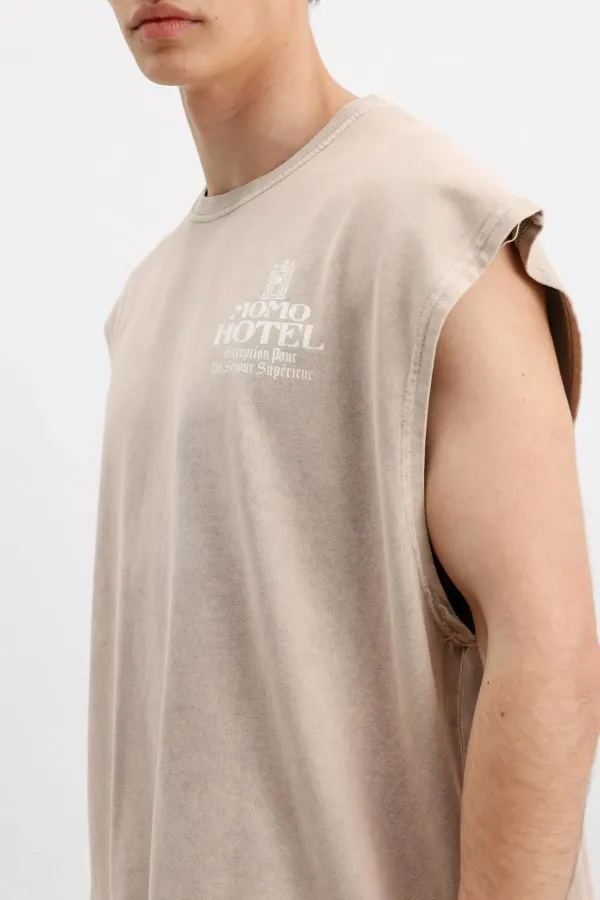 Printed Sleeveless Oversize T-Shirt Beige