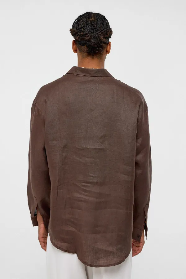 100% Linen Oversize Long-Sleeve Shirt, Coffee