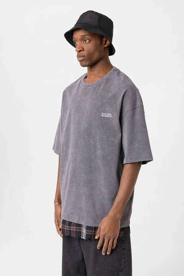 Yıkamalı Oversize Ekose Detaylı Tişört Füme