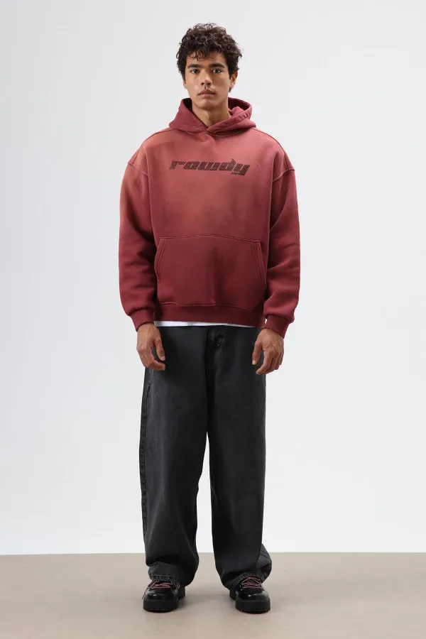Oversize Printed Washed Hoodie Burgundy