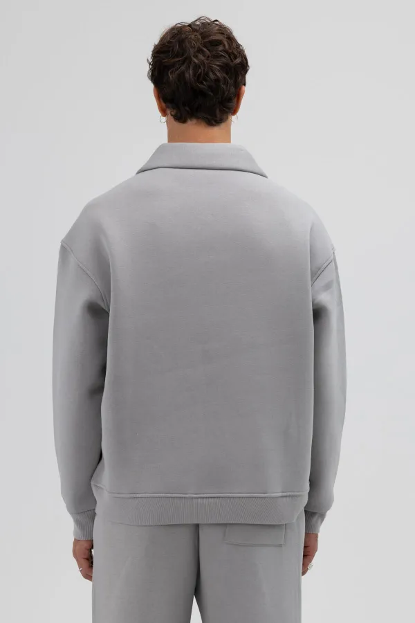 Oversize Fermuarlı Dik Yaka Sweatshirt Gri