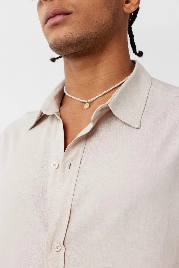 Basic Oversize Uzun Kollu Keten Gömlek Bej