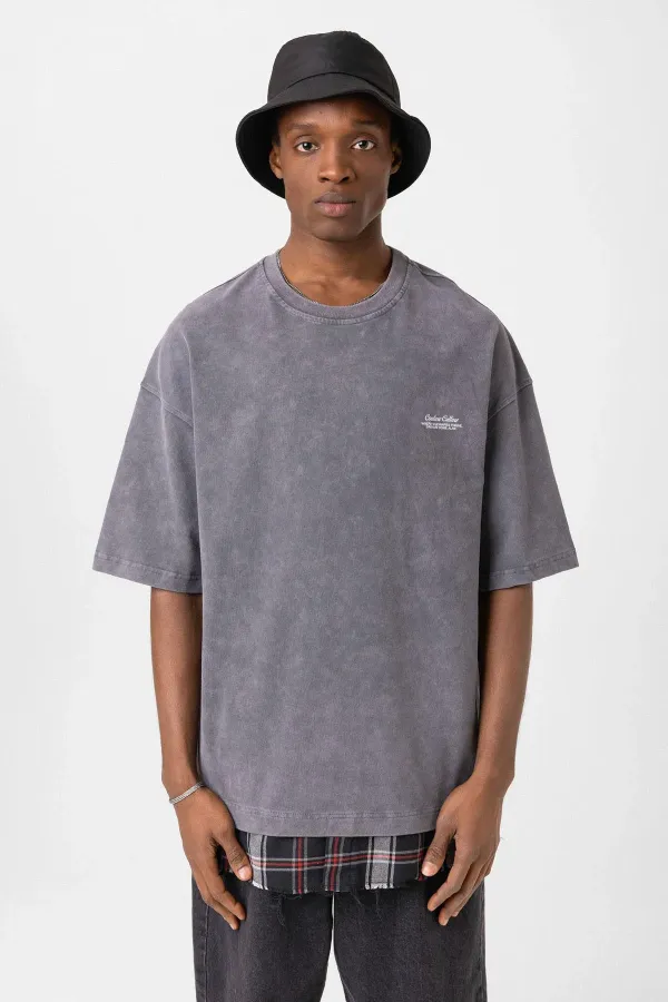 Yıkamalı Oversize Ekose Detaylı Tişört Füme