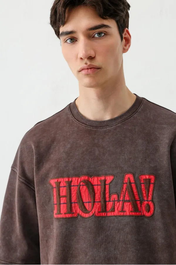 Yıkamalı Baskılı Oversize Tişört Kahve