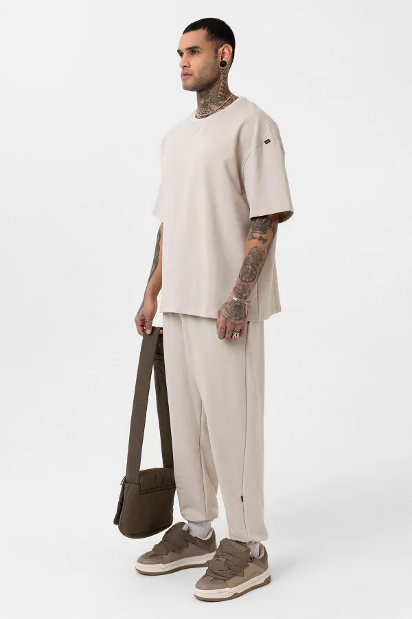 Paça Lastikli Basic Oversize Eşofman Takımı Bej