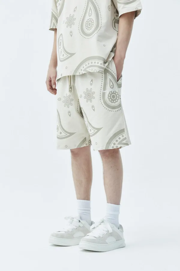 Oversize Desenli Şort Tişört Takım Bej