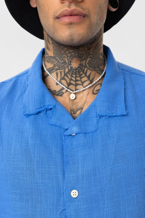 Dikişsiz Kısa Kol Cepsiz Oversize Keten Gömlek Saks