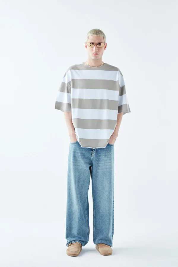 Digitally Printed Striped 100% Cotton Oversize T-Shirt, Khaki