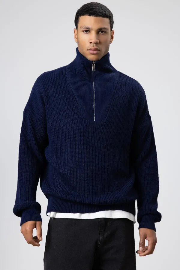 Yarım Fermuarlı Triko Kazak Lacivert