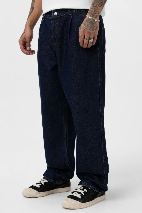 Pileli Zincir Detaylı Baggy Jean Koyu Mavi