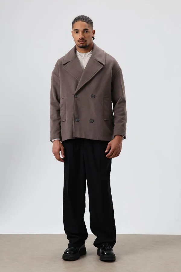 Oversize Kruvaze Kısa Kaşe Ceket Koyu Vızon