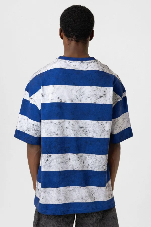 Yıkamalı Şeritli Oversize Tişört Mavi - Beyaz