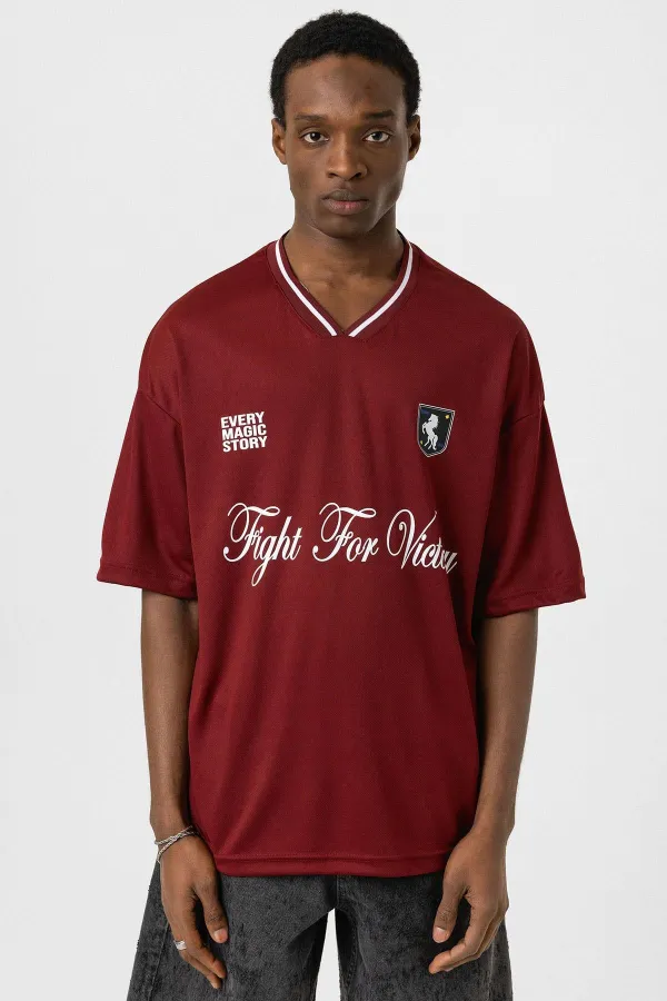 Baskılı Oversize Forma Tişört Bordo