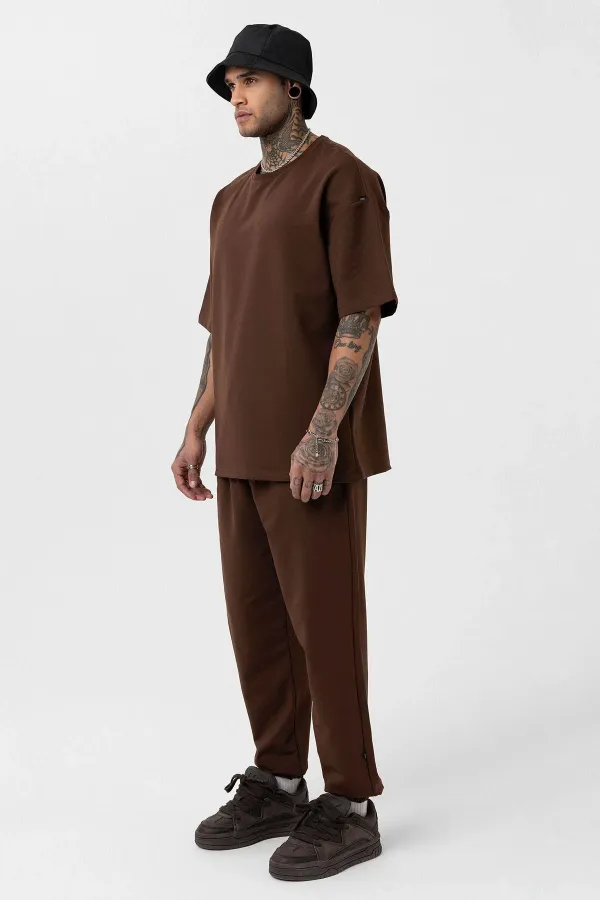 Paça Lastikli Basic Oversize Eşofman Takımı Kahve