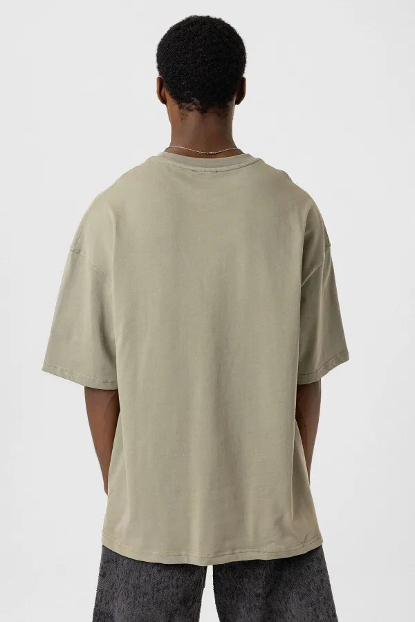 Bisiklet Yaka Cepli Oversize Tişört Haki