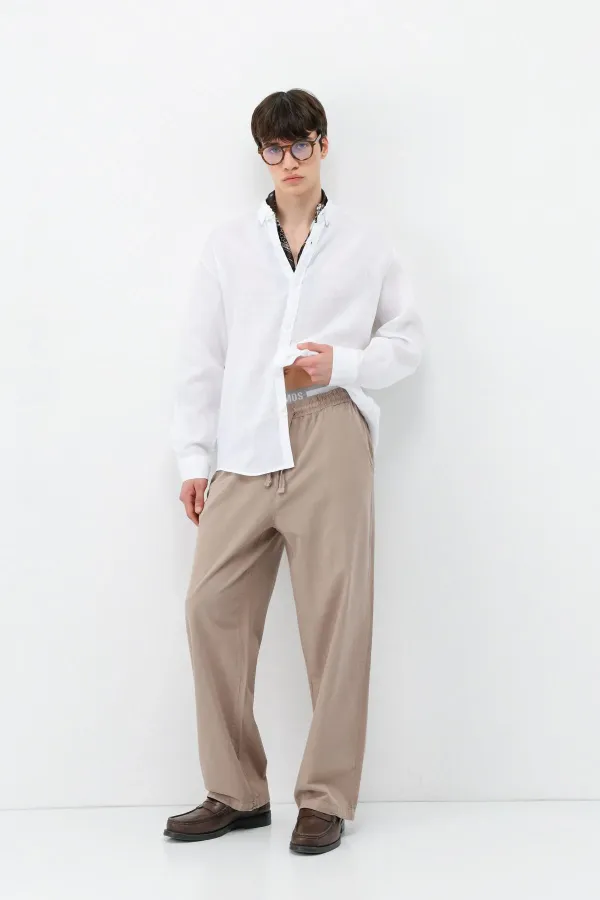 Pantalon ample en lin avec taille élastiquée, couleur vison