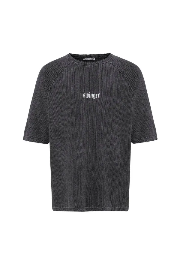 Yıkamalı Oversize Baskılı Triko Tişört Siyah