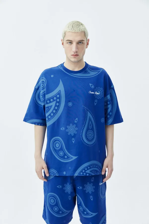 Oversize Desenli Şort Tişört Takım Saks