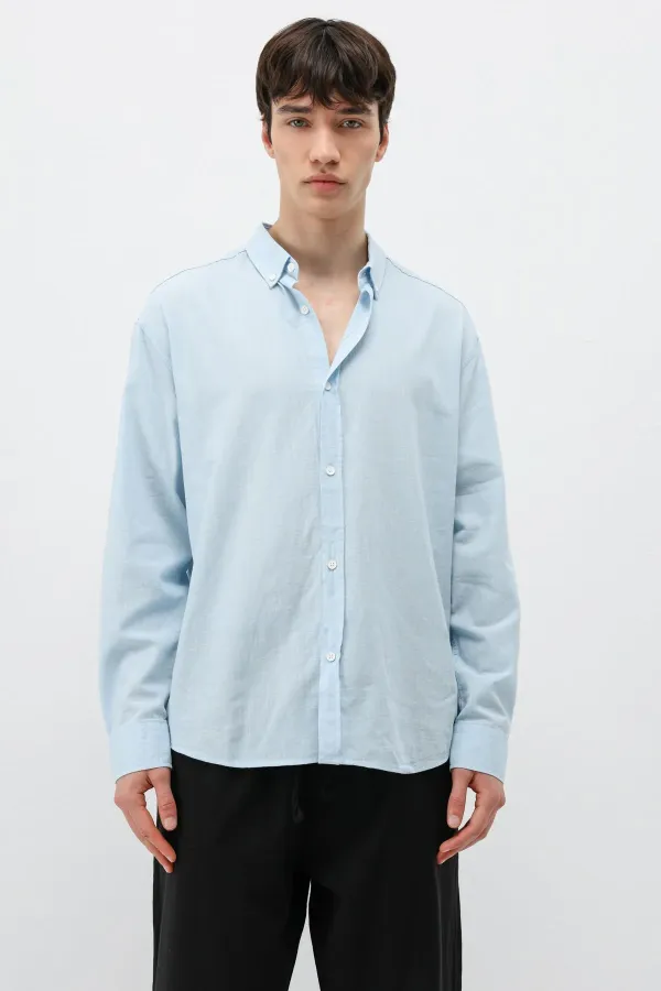 Basic Oversize Pamuk  Keten Gömlek Mavi