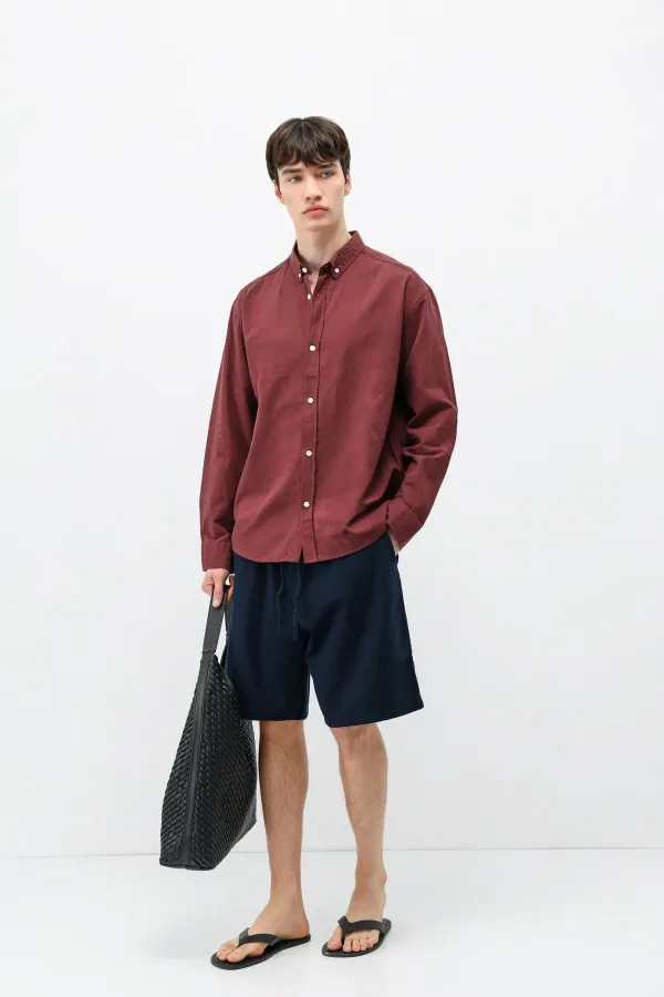 Basic Oversize Pamuk  Keten Gömlek Bordo