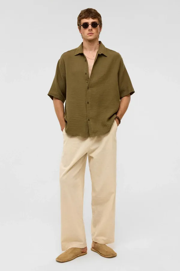 Chemise oversize à manches courtes en mousseline, kaki