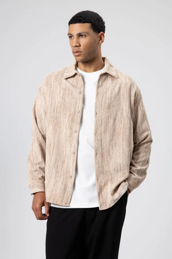 Oversize Dokulu Gömlek Bej