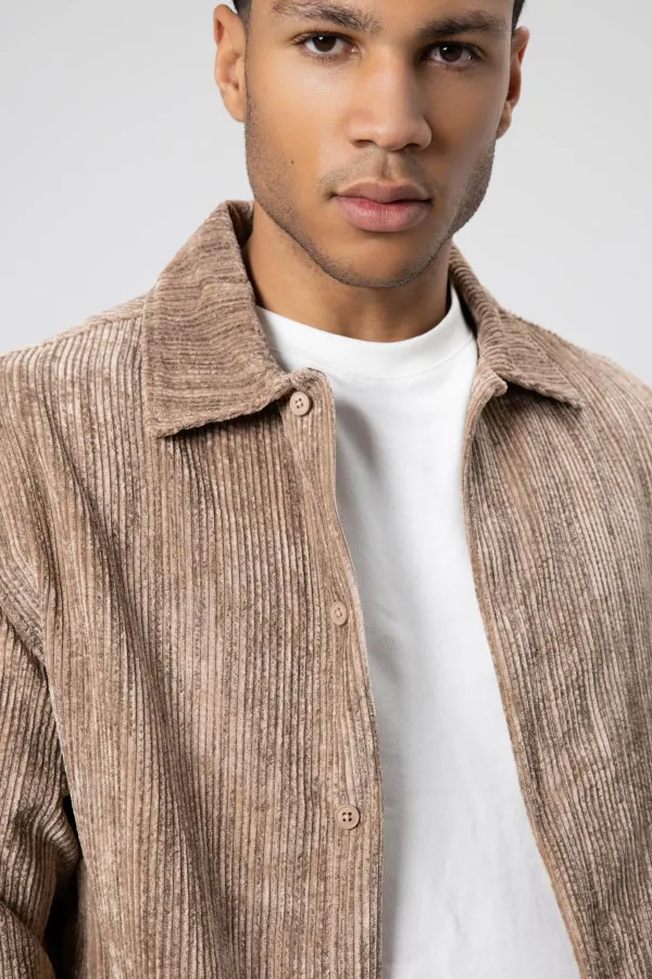 Oversize Dokulu Gömlek Vizon