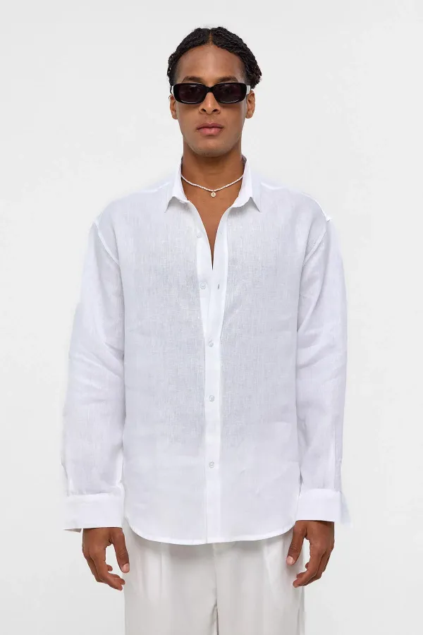 100% Linen Oversize Long-Sleeve Shirt, Ecru