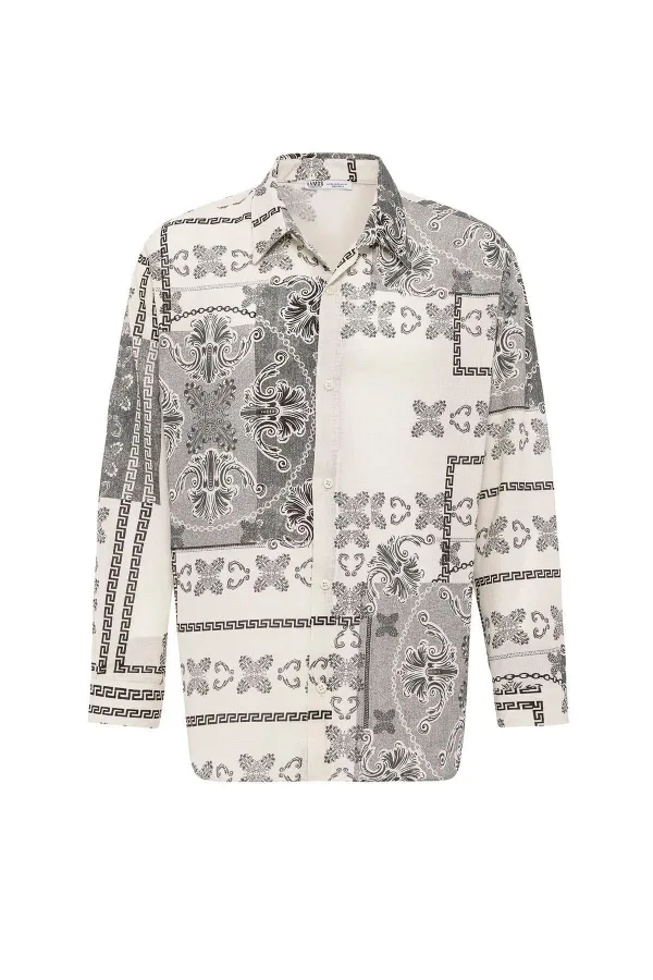 Chemise oversize à motifs ethniques, noire