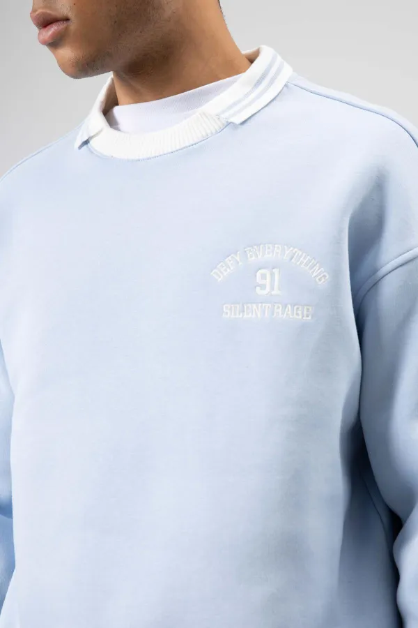 Oversize Yaka Nakış Detaylı Sweatshirt Bebe Mavi