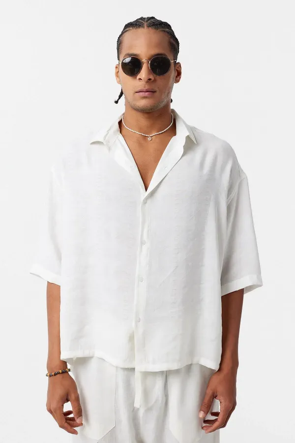 Oversize Short Sleeve Modal Fabric Shirt, Ecru