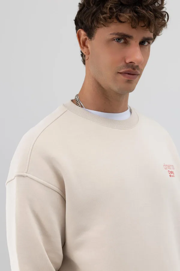 Oversize Bisiklet Yaka Baskılı Sweatshirt Taş