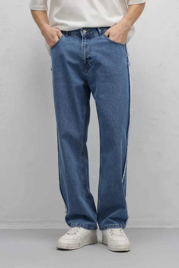 Yan Dikiş Detaylı Baggy Jean Mavi