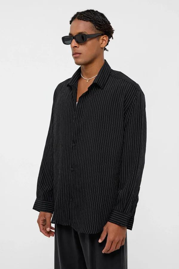 Oversize Çizgili Uzun Kollu Gömlek Siyah