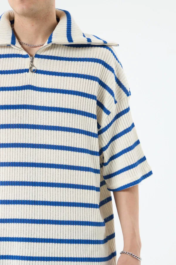 Oversize Çizgili Fermuarlı Yaka Triko Tişört Saks