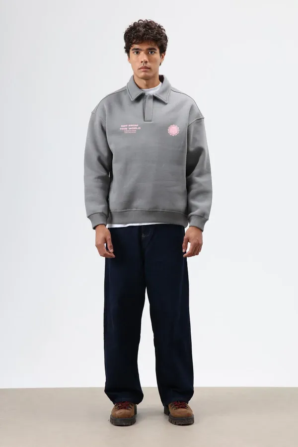 Polo Yaka Oversize Baskılı Yıkamalı Sweatshirt Füme