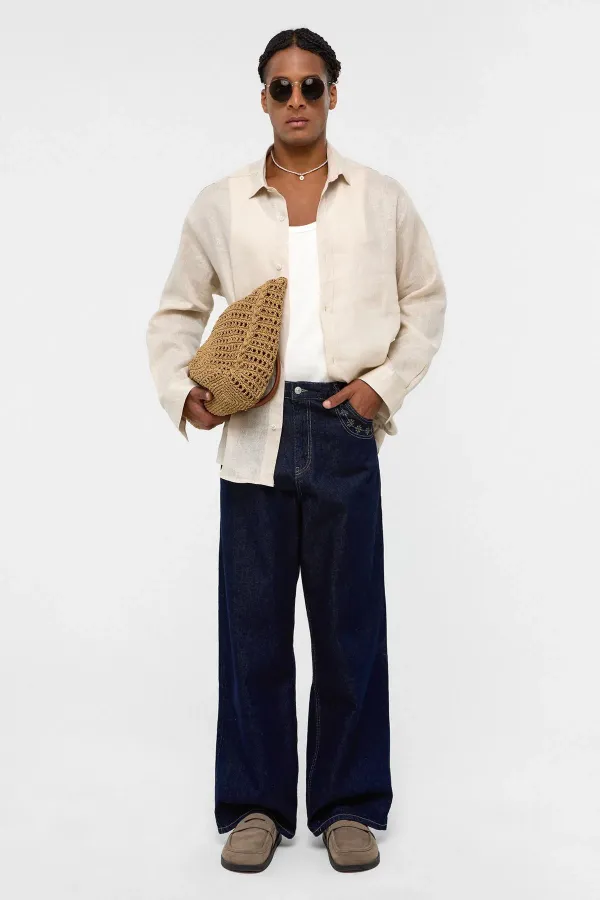 100% Linen Oversize Long-Sleeve Shirt Beige