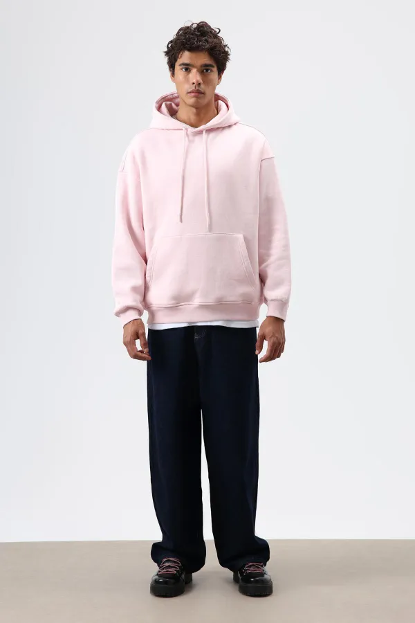 Basic Oversize Yıkamalı Hoodie Pembe