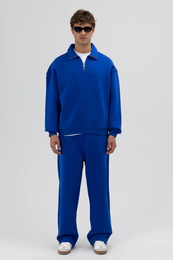 Oversize Fermuarlı Dik Yaka Sweatshirt Saks